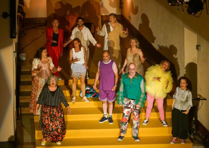 Peça de teatro, Uma Pedra no Sapato, com os 11 elementos do elenco em cena no Salão das Carochas