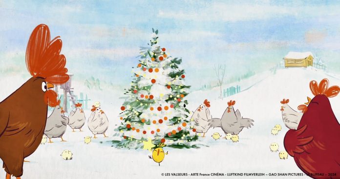 O pintainho celebra o primeiro Natal com galos e galinhas e uma árvore de Natal